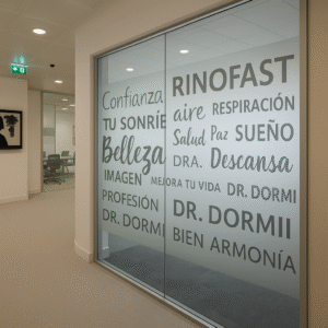 Corte de vinil tipo sandblast aplicado en ventanas de oficina con diseño personalizado.