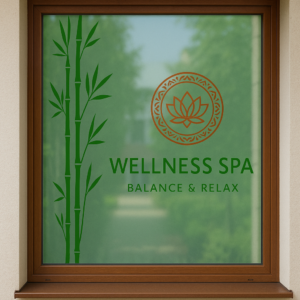 Vinil adhesivo de corte para ventana con diseño de bambú y logotipo de spa aplicado en vidrio.