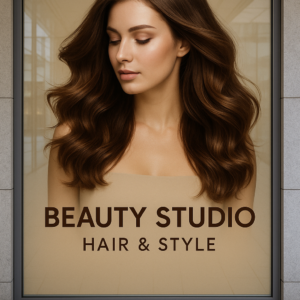 Vinil adhesivo impreso para ventana con fotografía de modelo y diseño promocional para salón de belleza.