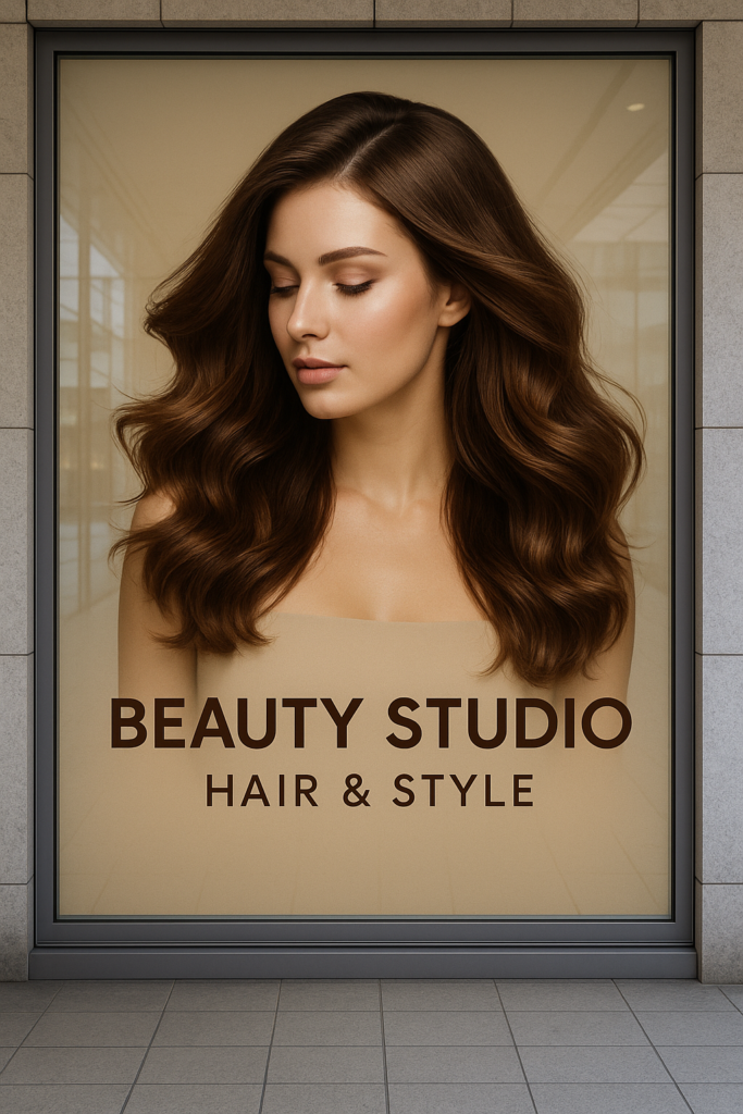 Vinil adhesivo impreso para ventana con fotografía de modelo y diseño promocional para salón de belleza.