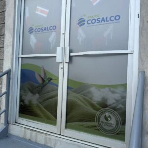Vinil sandblast impreso para ventana con diseño corporativo y elementos gráficos aplicados en puertas de vidrio.